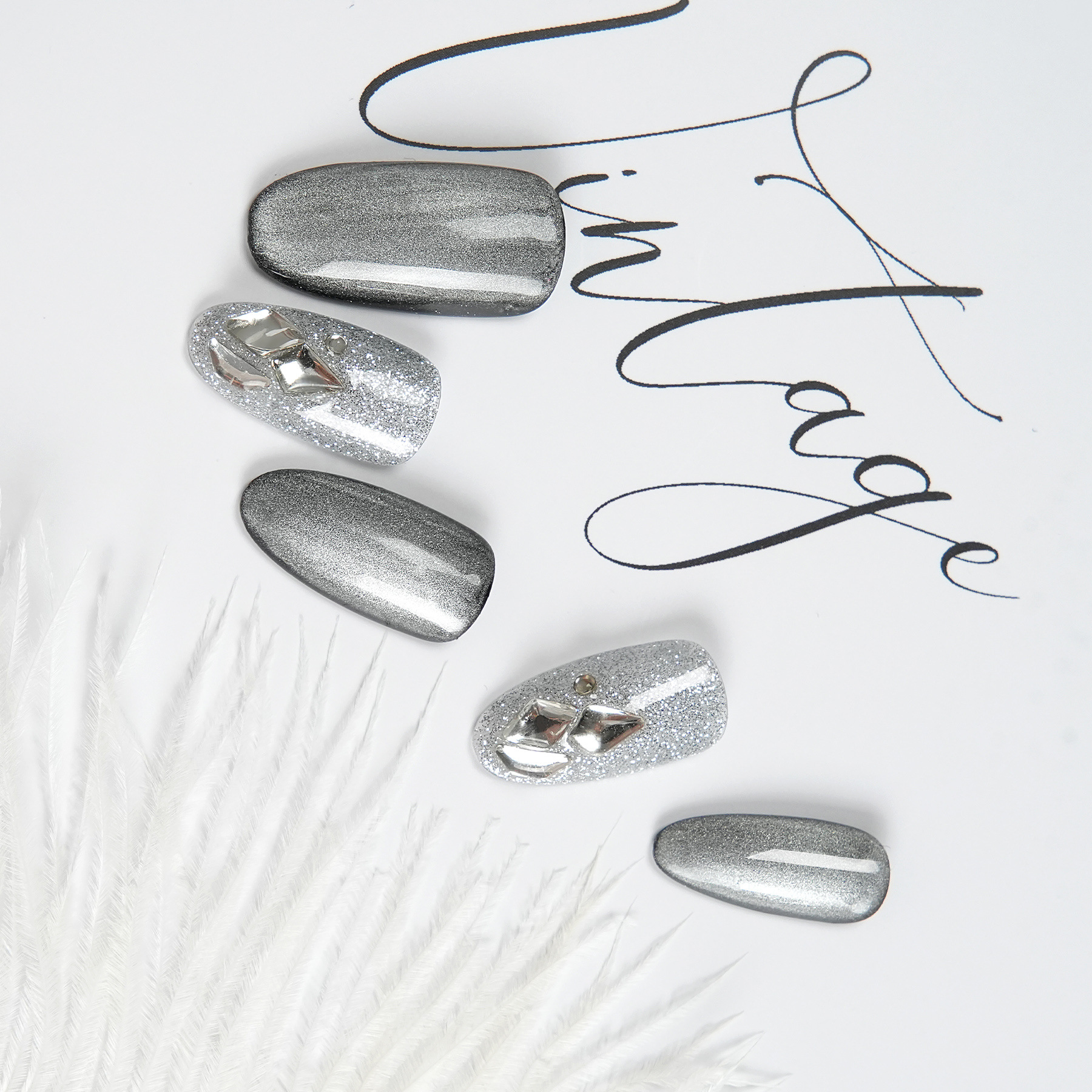 Pure Handmade Nail Wear Nail Long Oval Cat Eye Nail Patch Silver Gray Gift Kit Plastic Box Packaging Specification drawing