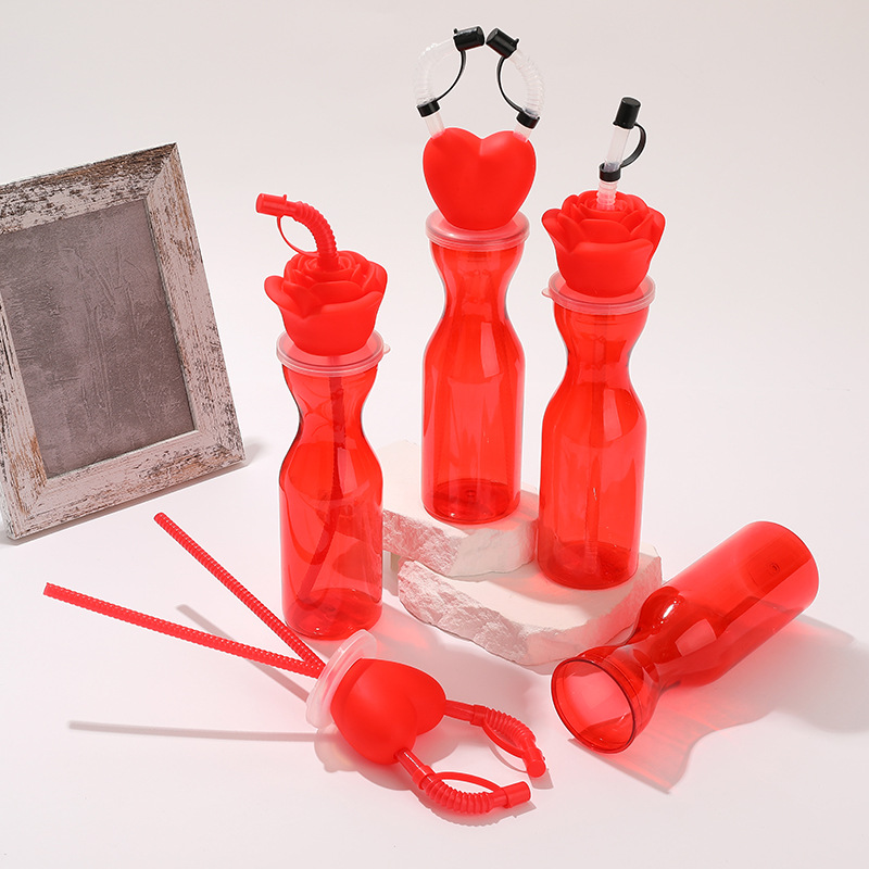 Manufacturers Wholesale Pet Valentine Cup Love Red Rose Straw Cup Party Drink Juice Bottle Can Print Patterns details Picture