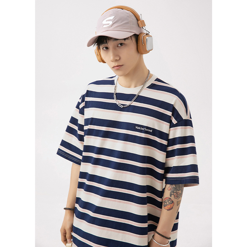Hanlu men's retro striped short-sleeved T-shirt, men's summer couple wear, women's loose letter-embroidered trendy brand T-shirt Specification image