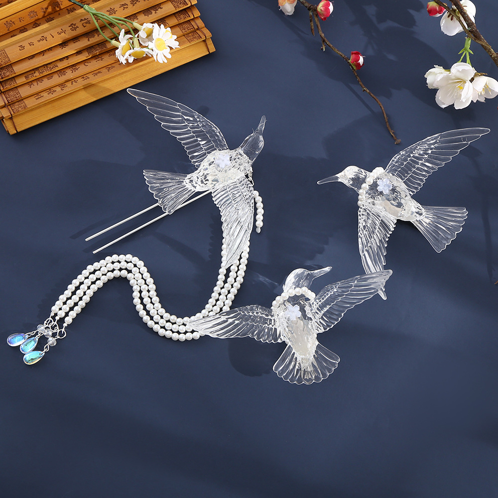 古风流苏发卡珠链套装相思雀喜鹊发夹水晶透明灵动飞燕流苏顶夹详情1