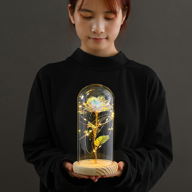 金箔花玻璃罩 玫瑰花玻璃罩发光led情人节礼物圣诞节礼物跨境货源产品图