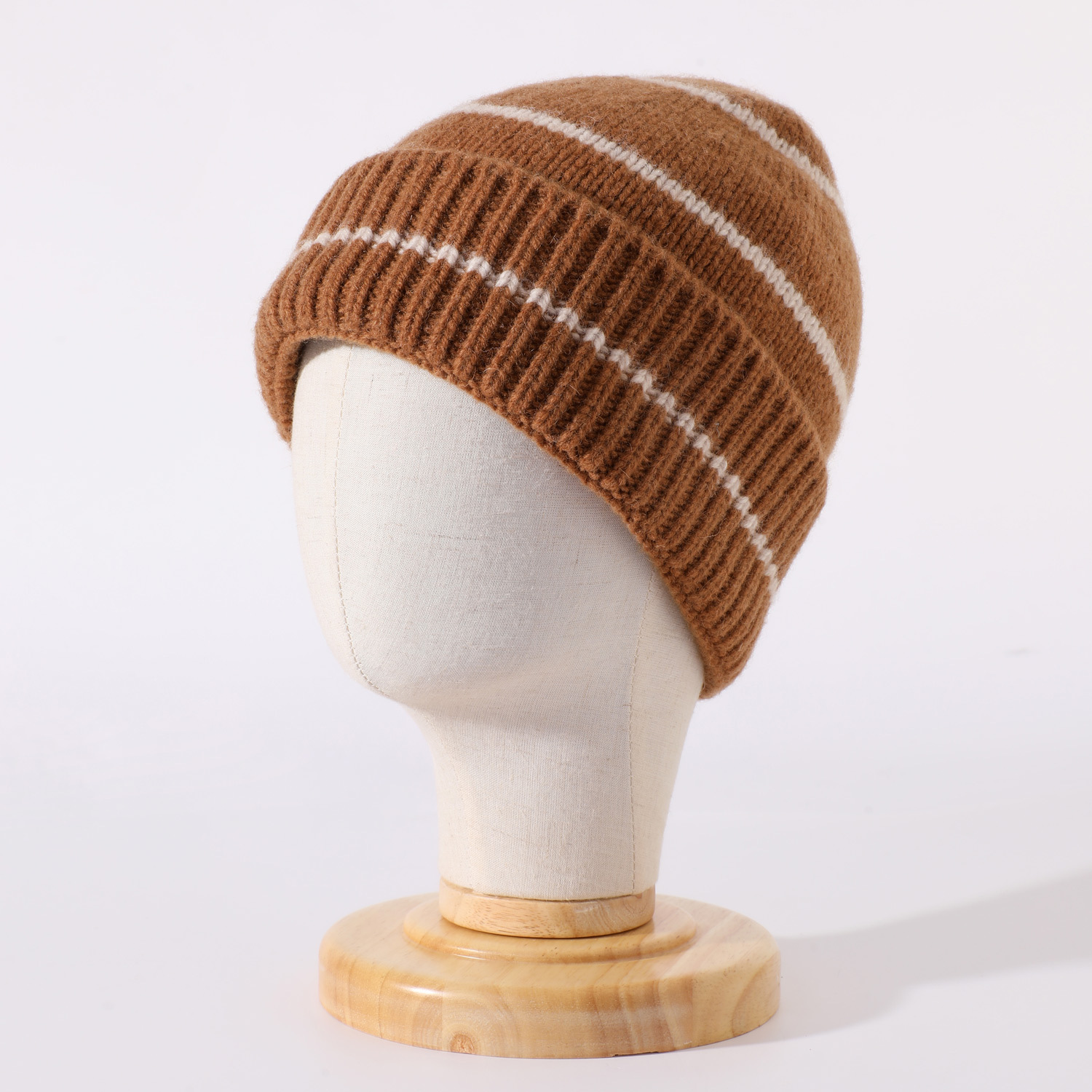 The New Pure Wool Striped Hat For Ladies 2023 Autumn And Winter Sweet Warm Wool Knitted Hat Can Replace Hair Item Picture
