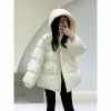 2025 New winter Korean-style hooded waist down jacket for women, mid-length casual loose thick white duck down coat Application Scenario