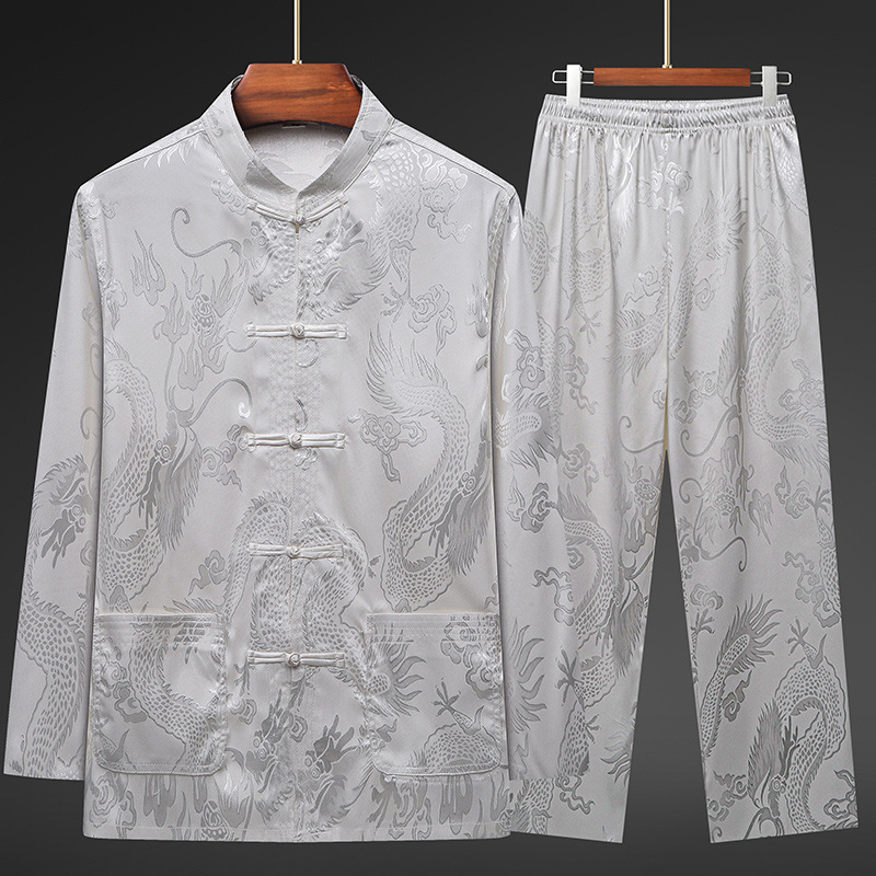 China trendy tangwear hombre primavera verano abrigos chinese style red shirt hombres y mujeres media edad hanwear ropa de ancianos daddy suit