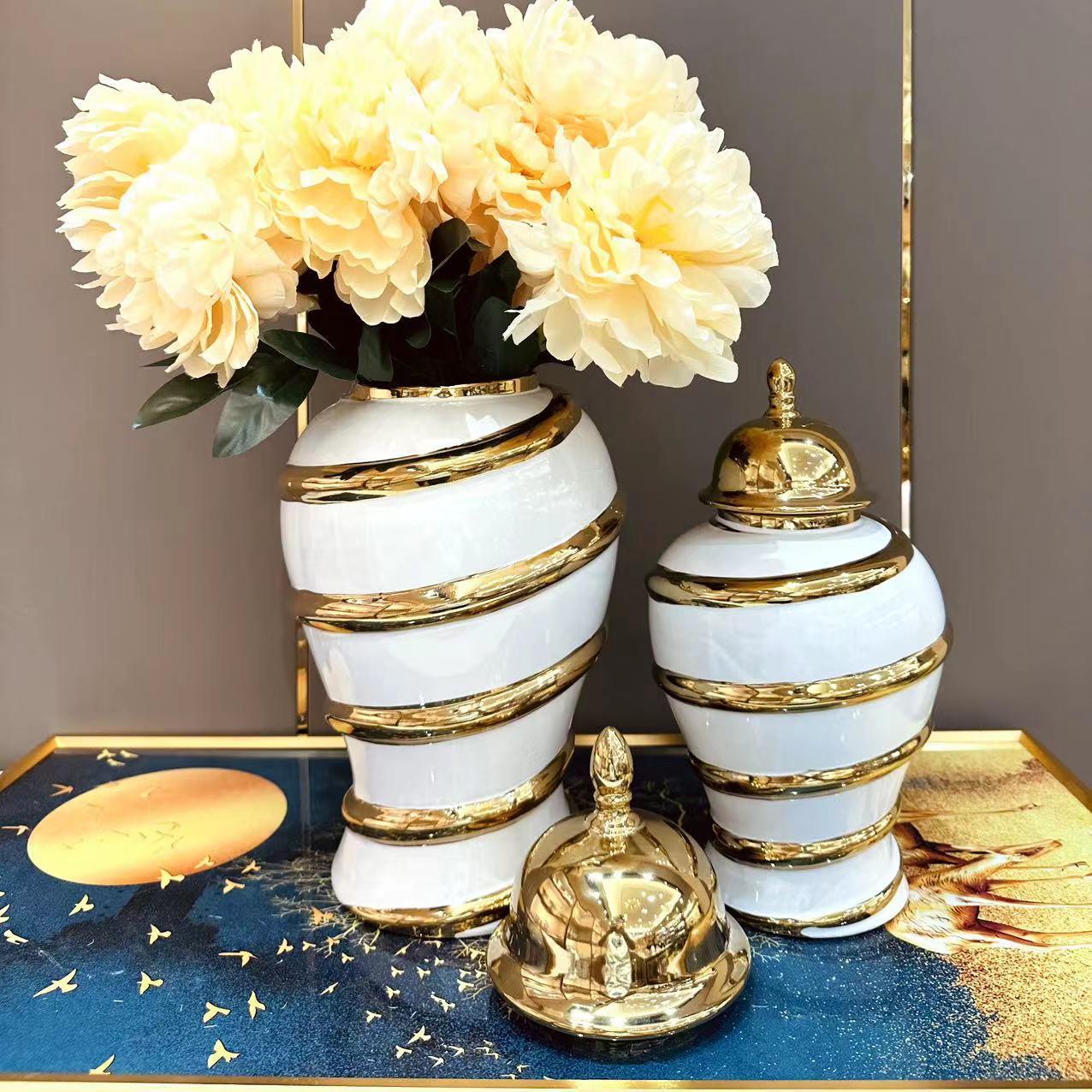 Export European electroplated golden ceramic general jar vase decoration light luxury process model room soft entryway decoration ceramic general jar general bottle Specification drawing