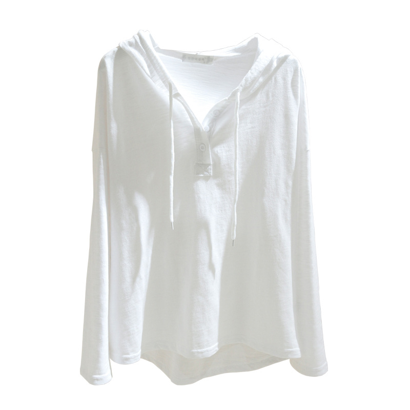 White hooded long-sleeved T-shirt for women, Spring and Autumn 2025 new style. Loose and slimming. Pair it with a bamboo cotton base layer for a trendy top Item Picture
