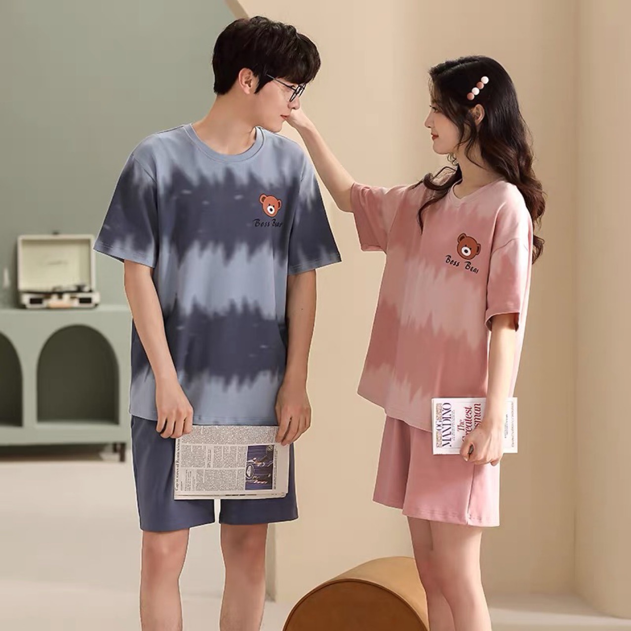 Two sets of summer couple's pajamas, pure cotton short-sleeved thin Korean-style cute home wear for one man and one woman, summer Application Scenario