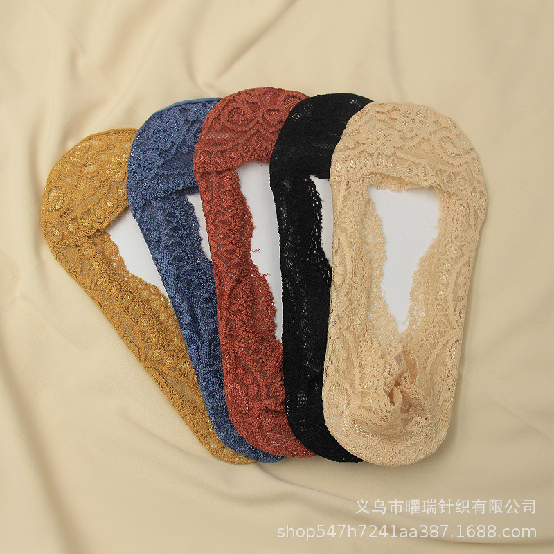Ship socks women's lace lace shallow-mouthed silicone anti-slip Korean-style hollowed-out spring, summer and autumn thin invisible cotton sole women's socks Specification image