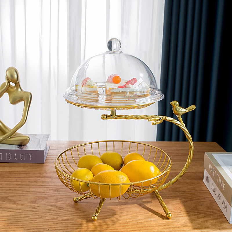 轻奢水果盘创意家用二层树枝中小亚克力盖铁艺多层收纳零食篮