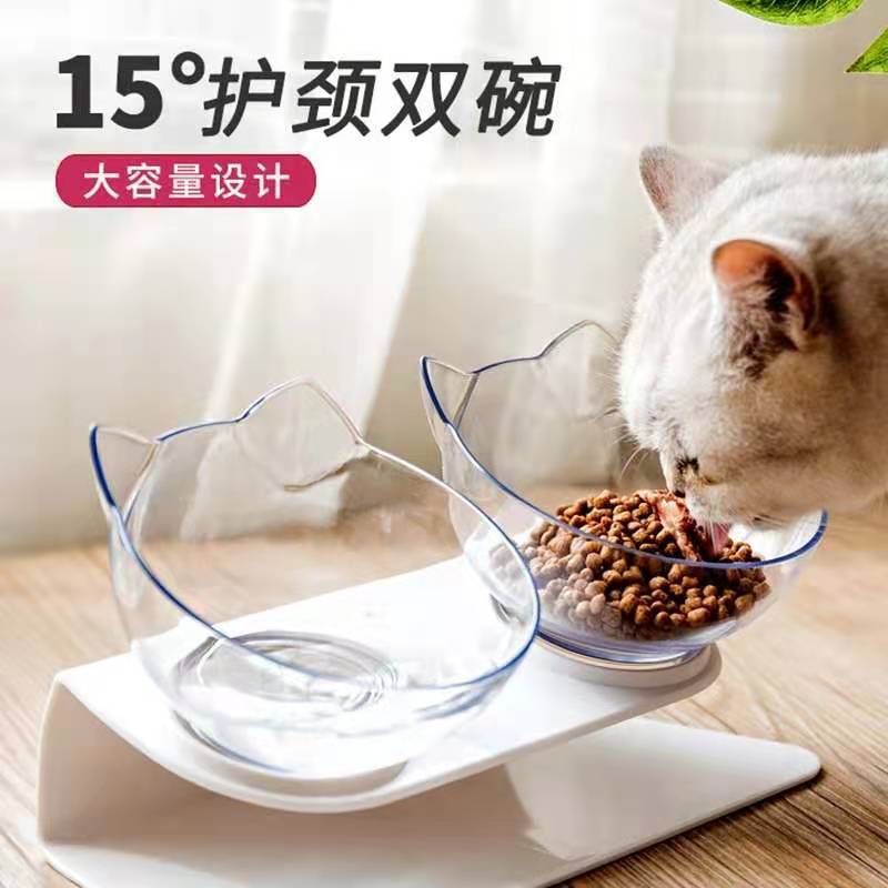 网红猫头双碗食品级PC倾斜护颈猫碗可拆易清洗宠物碗宠物喂食用品