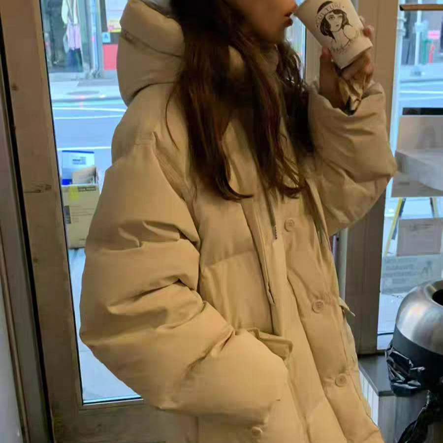 现货2025冬季新韩国东大门纯色简约休闲连帽中长款90鸭绒羽绒服女