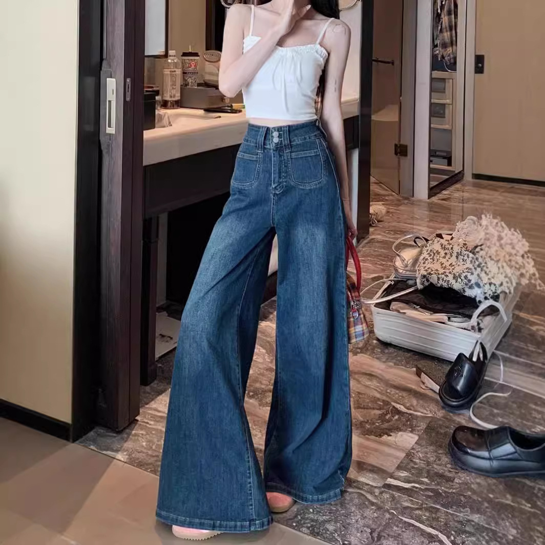 Autumn new blue floor-length trousers, straight-leg wide-leg pants, loose jeans, petite kids, retro American-style pants