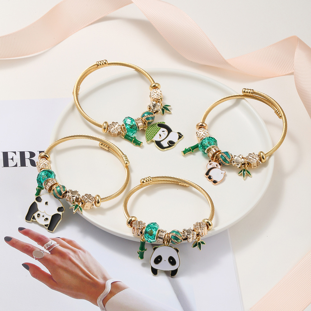 Oly Magic Bracelet 6779 Diy Stainless Steel Titanium Steel Bracelet Green Series Panda Bamboo Pendant Cartoon Animal Bracelet Wholesale details Picture