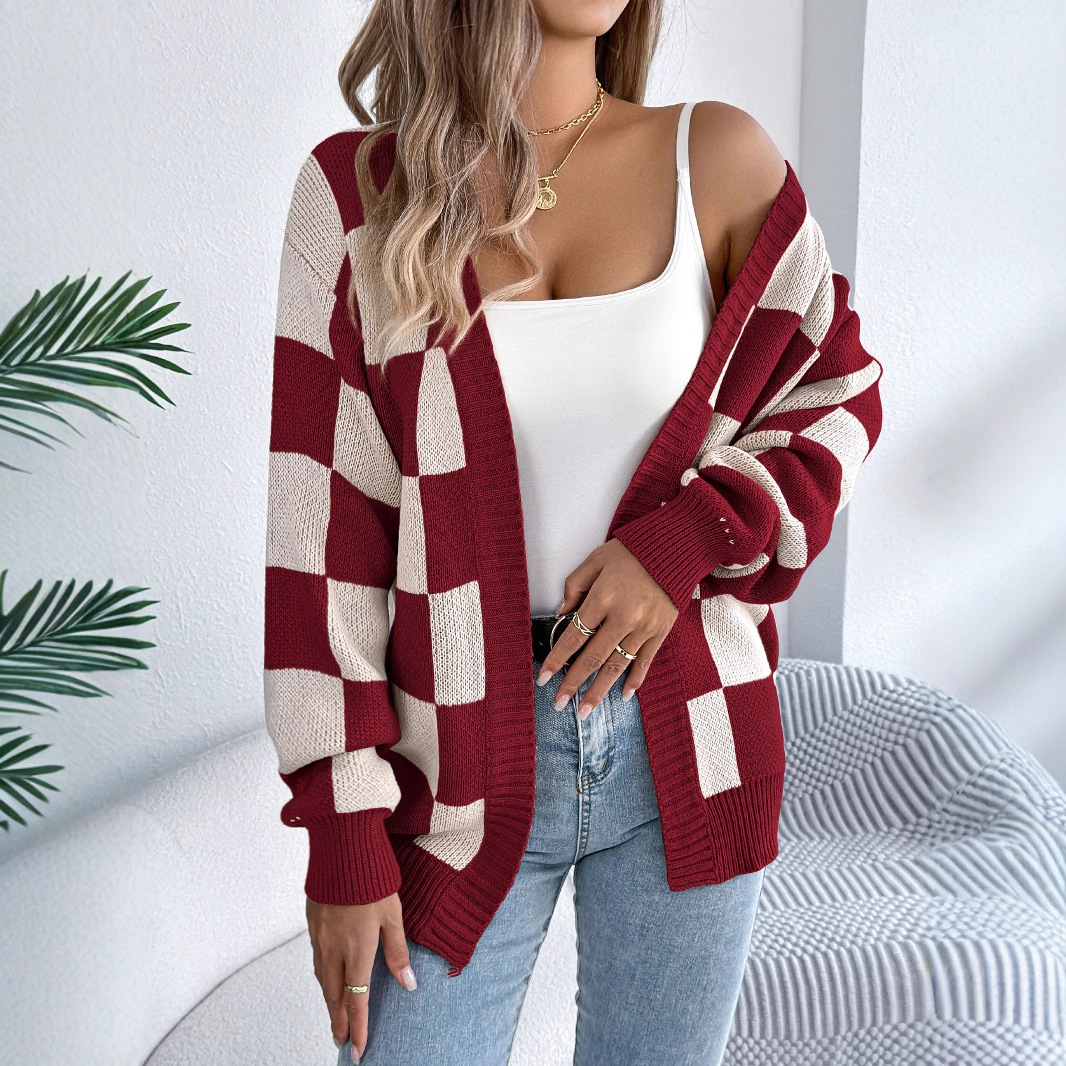 2025 European and American autumn/winter color-blocking checkered lantern-sleeved cardigan, mid-length coat, Amazon cross-border women's clothing details Picture
