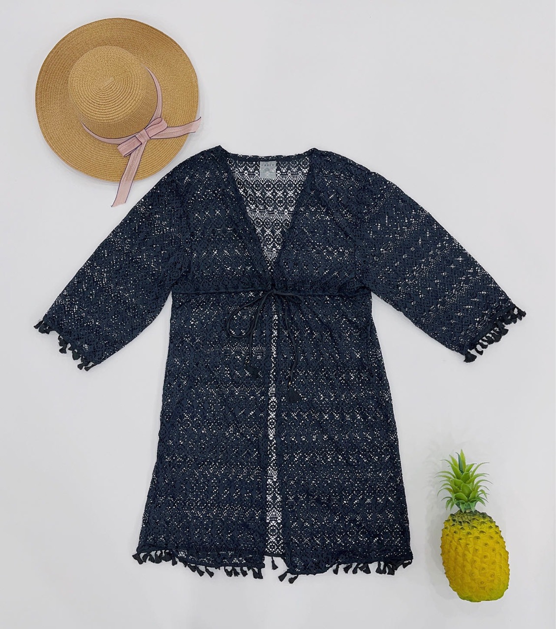 New Tassel Embroidery Lace Mesh Cardigan Black Shawl Sunblock Breathable Beach Cover-Up With Swimsuit Specification drawing
