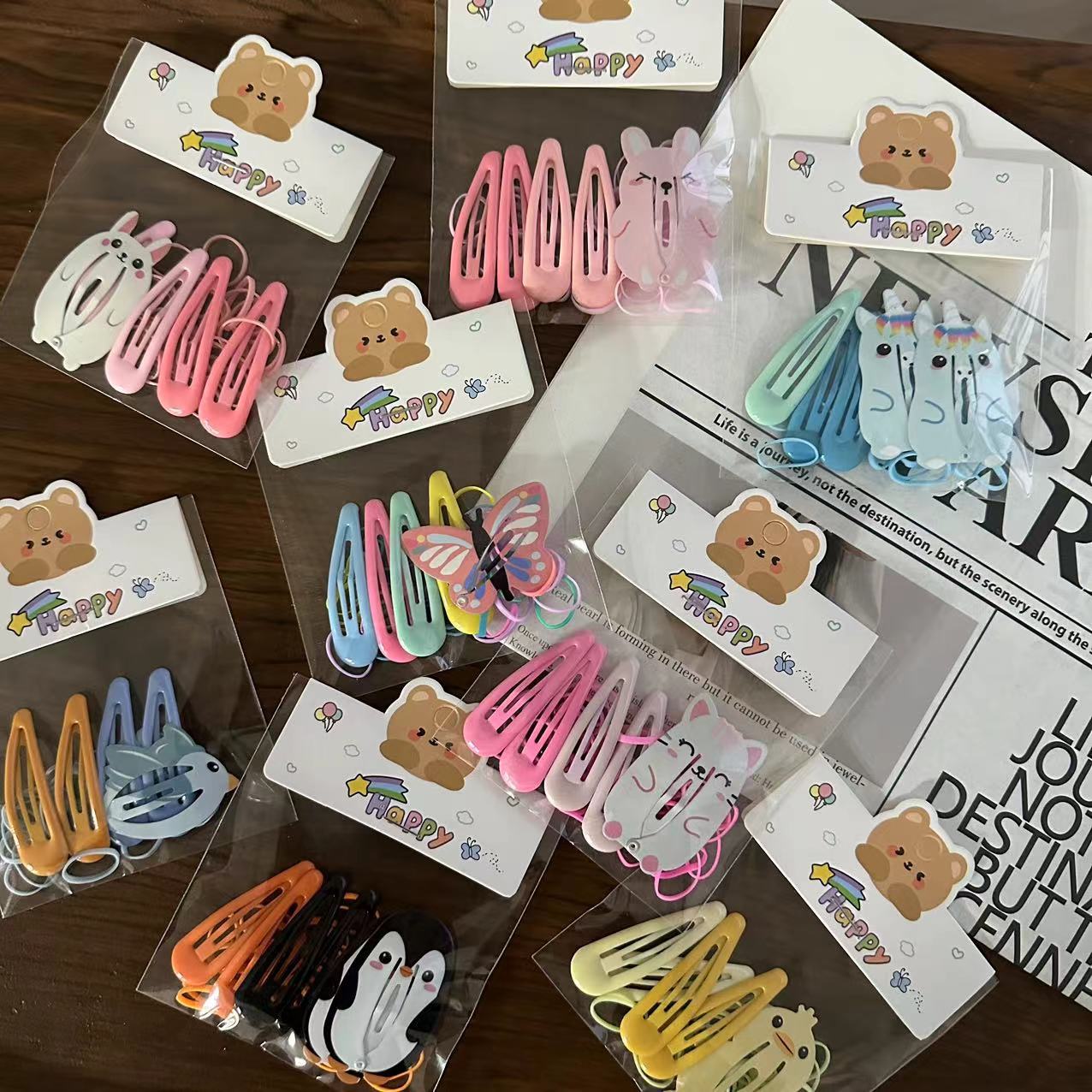 New cute cartoon printed animal clips for cross-border foreign trade, children, girls, rabbits, cats, bb clips, rubber bands and hairpins set details Picture