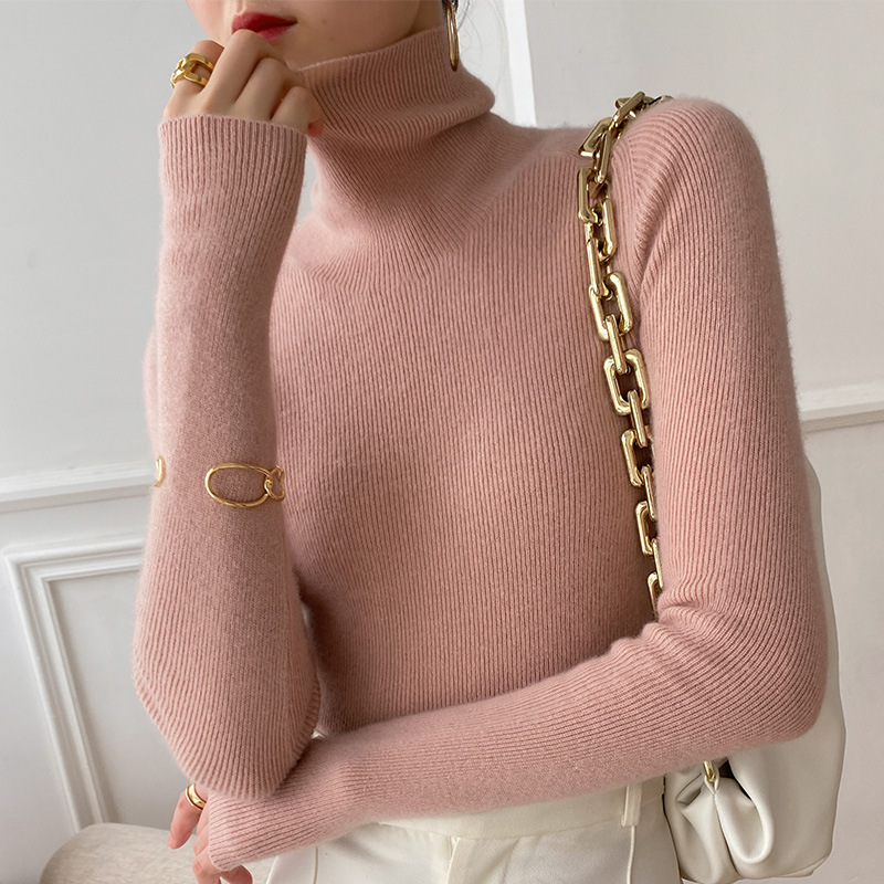 High-neck sweater women's autumn and winter tight-fitting pullover knitted sweater 2022 new style pile collar pit strip versatile base layer Specification image