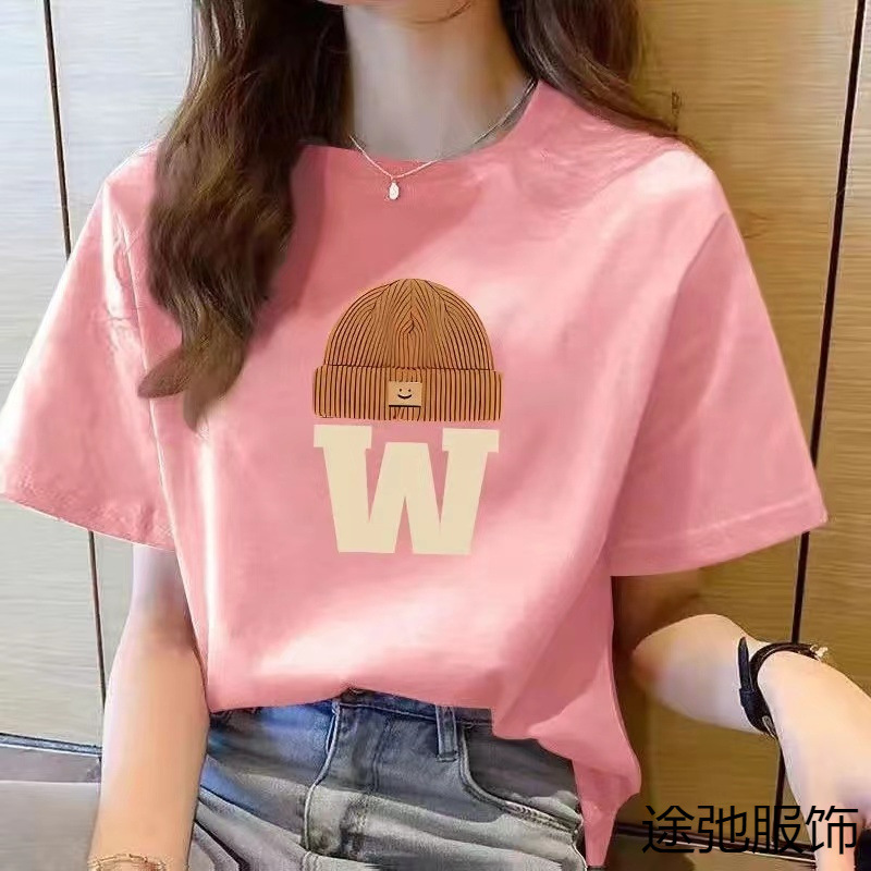 100% pure cotton short-sleeved T-shirt for women, 2024 Summer new style loose and versatile round-neck shoulder printed top Tc