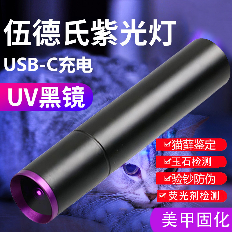 伍德氏黑镜365nm充电紫光灯验钞鉴定UV胶固化蔬菜检测紫光手电筒