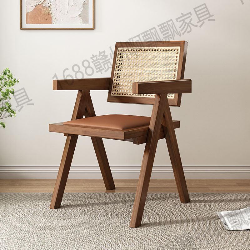 藤编椅子昌迪加尔椅加厚家用北欧日式靠背椅阳台休闲椅实木餐桌椅