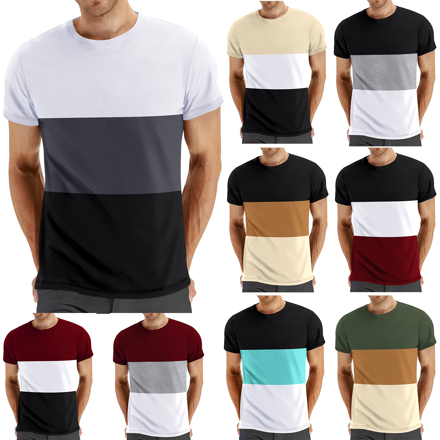 Amazon summer plus-size casual round-neck short-sleeved men's top, cross-border color-blocked men's fashionable fitness and sports T-shirt Item Picture