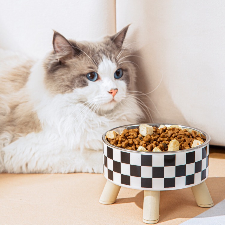 Wholesale of high-legged polka dot checkered pet bowls and anti-drop pet food utensils for cats and dogs