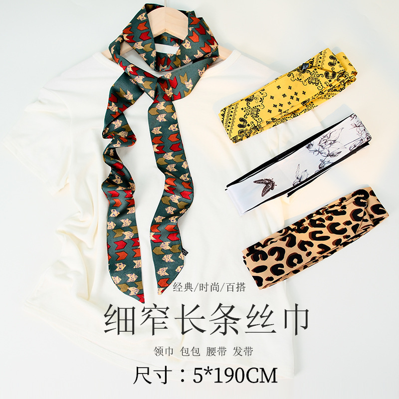 跨境印花细长窄高级感小丝巾女仿真丝同款韩版小领巾绑包腰带飘带