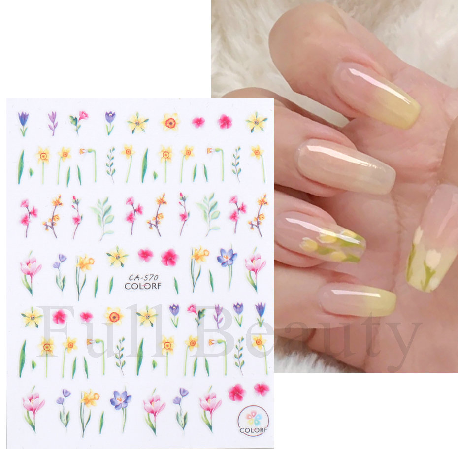 New cross-border nail stickers for Instagram: Fresh and cute tulip, Daisy, colorful flowers, green leaves, and self-adhesive nail stickers Specification image