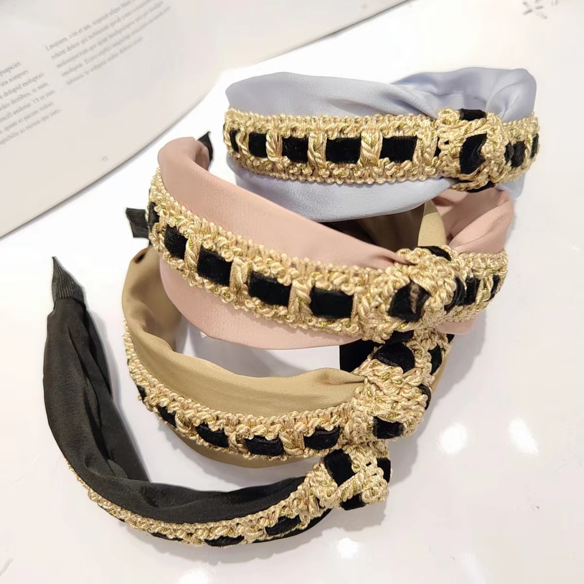 韩国复古金丝花边打结交叉头箍新款蝴蝶结发箍压发时尚发饰头饰女