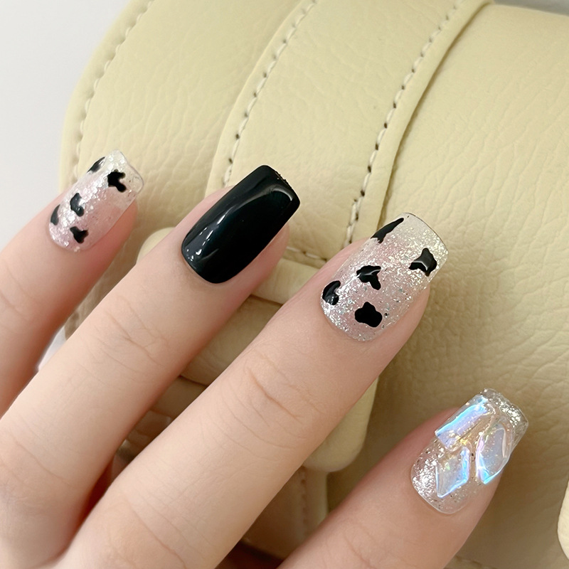 Black And White Cow Leopard Print Ice Through Aurora Nail Super Flash Crooked Heart Nail Sweet Cool Spice Pure Handmade Light Therapy Wear Nail Specification drawing