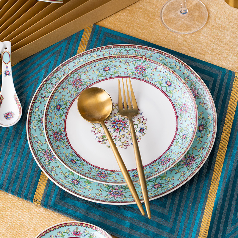 Dish Set Household Enamel Tableware Palace Chinese Peacock Blue Tableware Jingdezhen Bone China Bowl And Dish Set Application Scenario