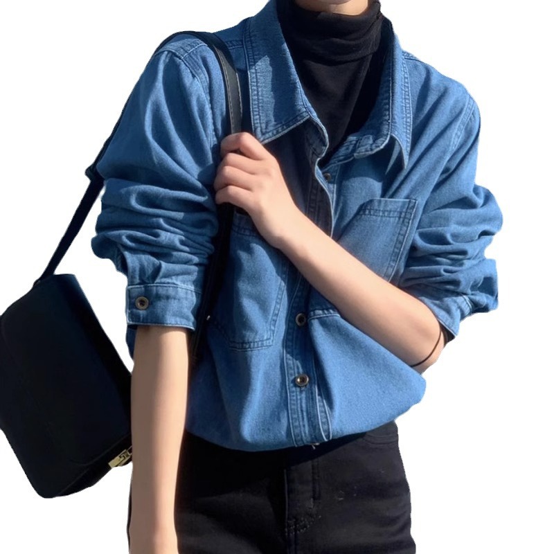 A niche design sense cardigan, denim retro jacket, shirt, women's spring and autumn loose denim top, versatile long sleeves Item Picture