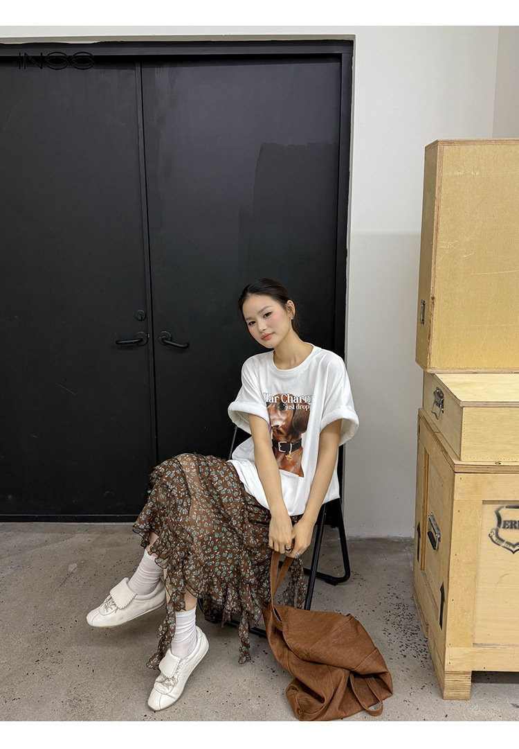 INSS 女装夏季美式复古腊肠狗印花T恤女十三行新款宽松短袖上衣详情7