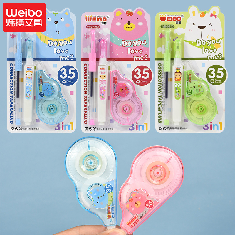 Weibo Creative Correction Tape, correction Fluid and Gel Pen Three-in-one Set Cartoon Cute Student Stationery Wholesale