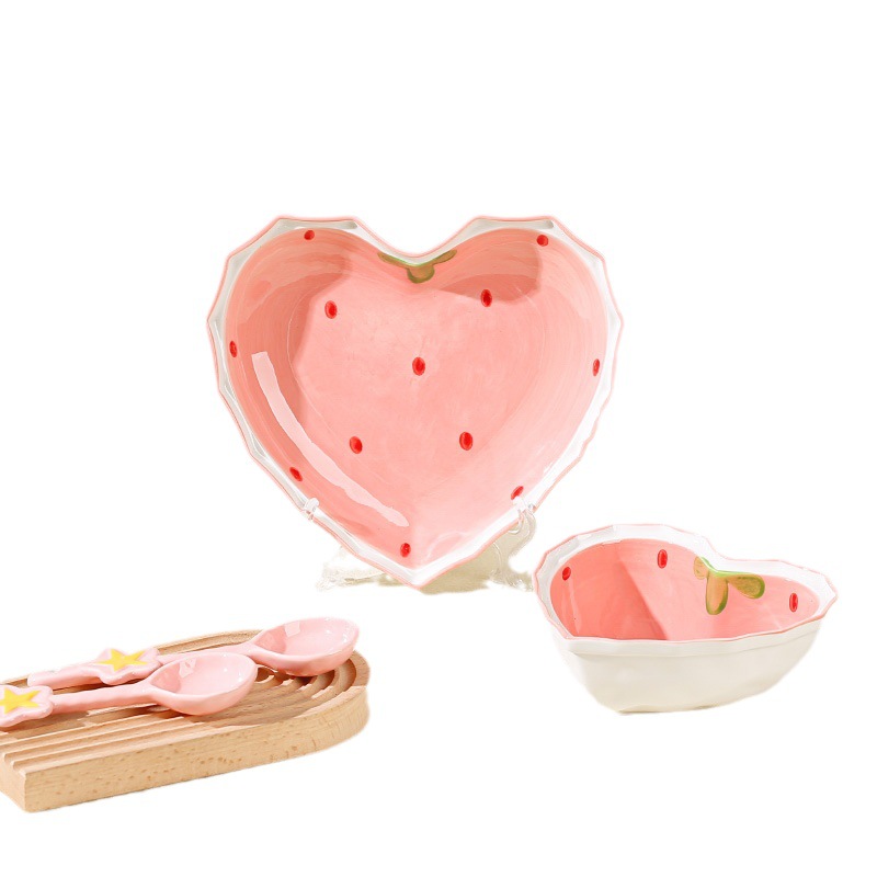 【 Chinese Red 】 Strawberry Bowl Star Spoon Ceramic Bowl Spoon Set Pink Chinese Underglaze Color Tableware Set Gift Item Picture