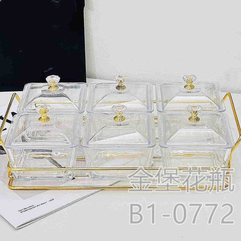 Glass divider fruit plate Commercial snack snack snack plate Bar bath Foot club six bar plate with cover Golden castle vase Specification drawing