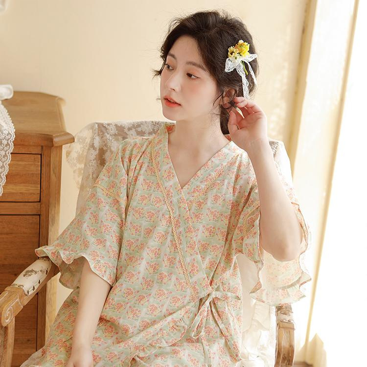 Pajamas Women Summer Cotton Double Gauze Women Kimono Japanese Style Seven Quarter Sleeve Trousers Home Wear In Stock details Picture