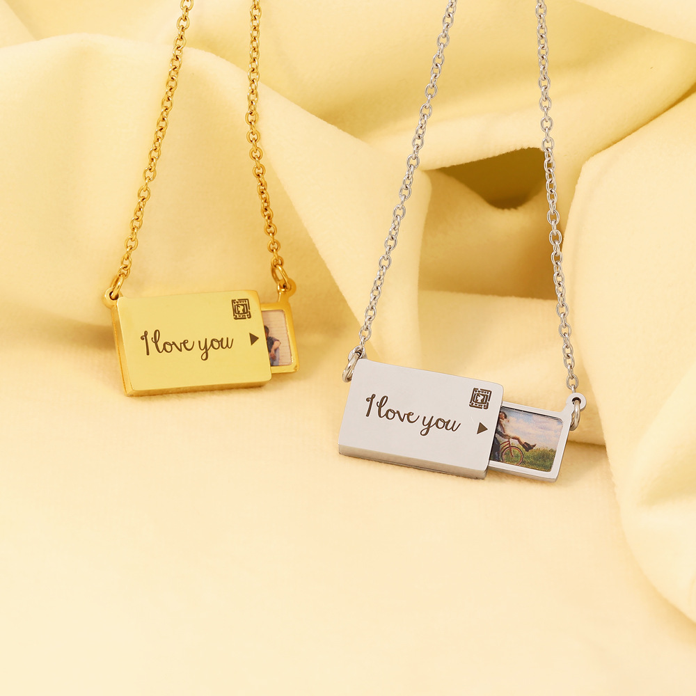 European And American Necklaces Cross-Border Photo Envelope Necklaces English Fashion Jewelry Gifts Stainless Steel Clavicle Chain Pendant Wholesale details Picture