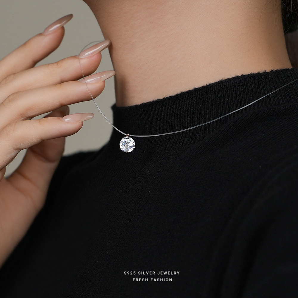 S925 sterling silver Mermaid's Tear Moissanite necklace for girls, exquisite zircon invisible fishing line, niche and versatile collarbone chain details Picture