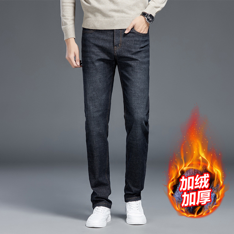 Fleece Jeans Men Winter Men's Pants Mid-Waist Non-Ironing Casual Pants Warm Thick Stretch Straight Pants Men details Picture