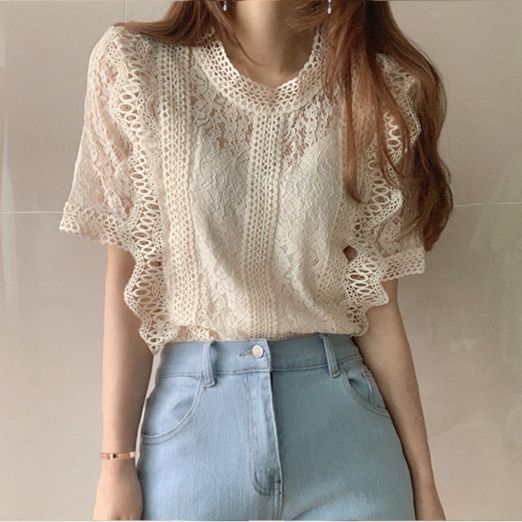 Gentle fairy loose round-neck lace short-sleeved top for women, new Korean style ruffled stylish shirt for women in summer
