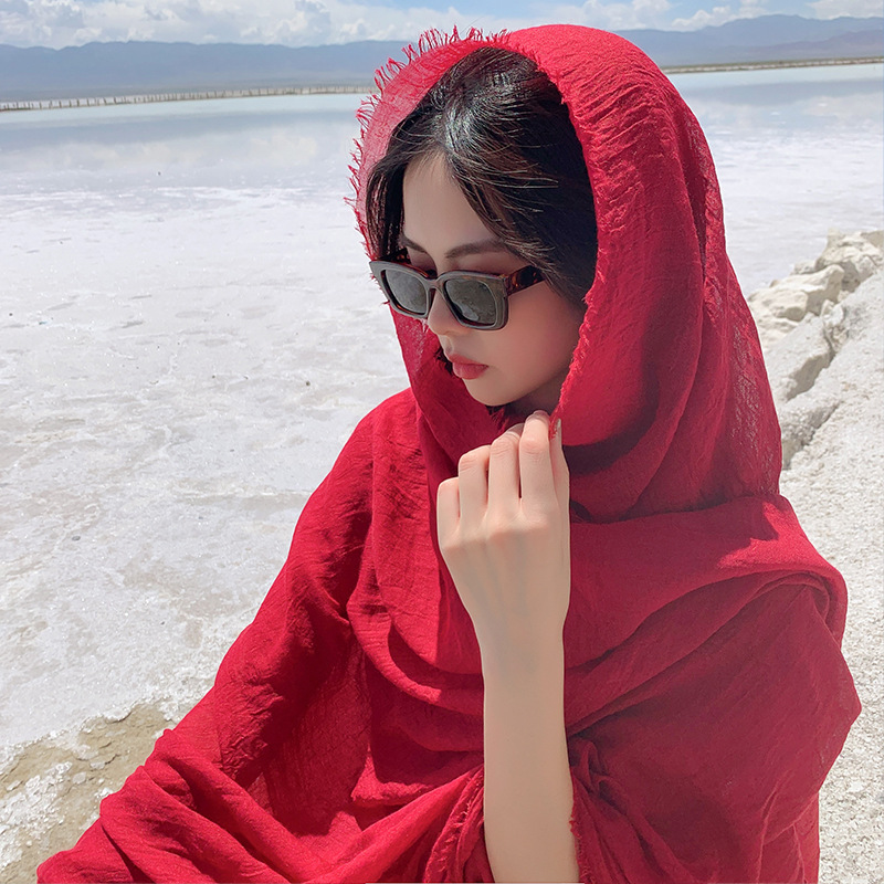 Big Red Photo Cotton Scarf Desert Sun Protection Shawl Seaside Tourist Beach Chaka Salt Lake Gauze Scarf Female details Picture