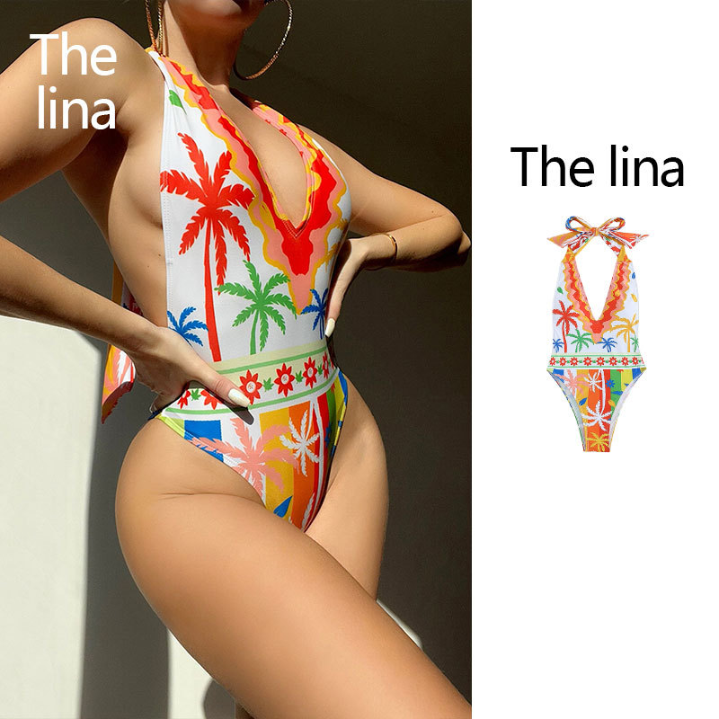 2023新款欧美比基尼沙滩性感紧身连体泳衣印花bikini