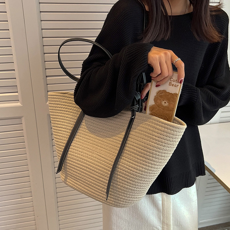 Large Capacity Cotton Woven Bag New French Vintage Hand-Held Straw Woven Bag All Commuter Tote Women's Bag Specification drawing