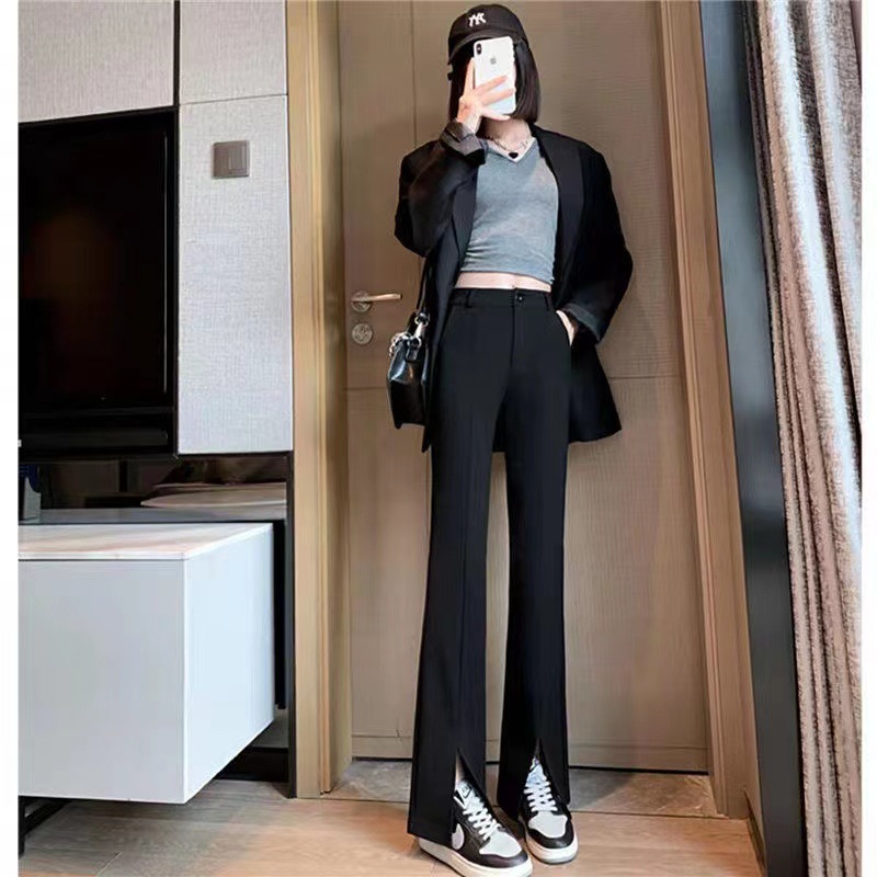 Korean-style straight-leg slimming wide-leg pants for women, black slit slightly flared floor-length pants, high-waisted suit pants, and women's dress pants details Picture