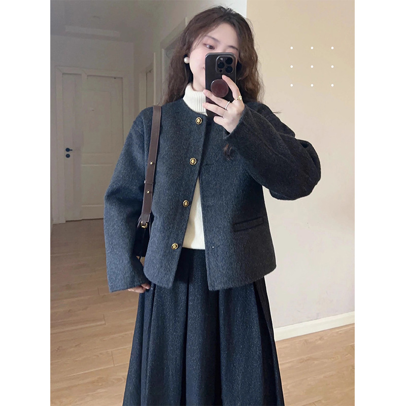 French Style Black Double-Sided Cashmere Coat Women's Autumn-Winter Wool Double-Sided Wool Short Tweed Coat details Picture