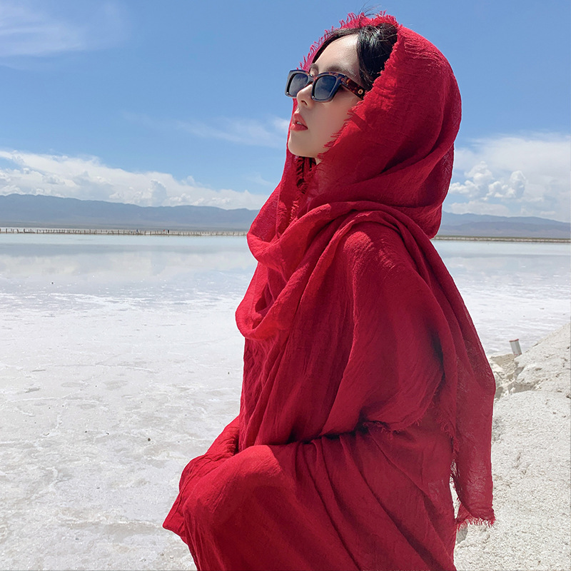 Big Red Photo Cotton Scarf Desert Sun Protection Shawl Seaside Tourist Beach Chaka Salt Lake Gauze Scarf Female