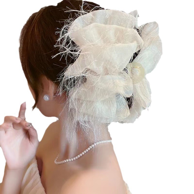 Tassel Mesh Bow Hair Clip Women's Head Large Feather Grab Clip Premium Touch Shark Clip Hair Measuring Headpiece Item Picture