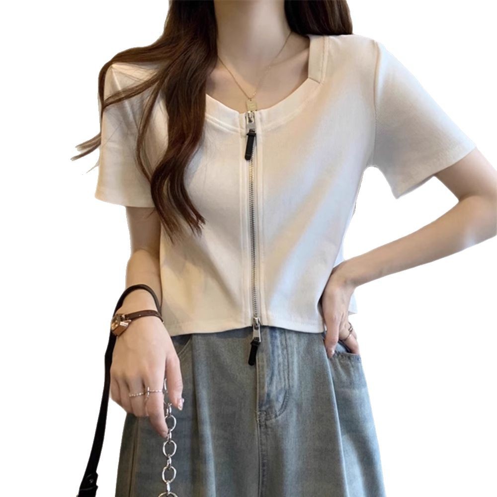 Verano nuevo estilo pequeño aroma estilo doble cremallera slim hombro derecho slim diseño sentido nicho dulce y picante estilo cardigan top mujeres Item Picture