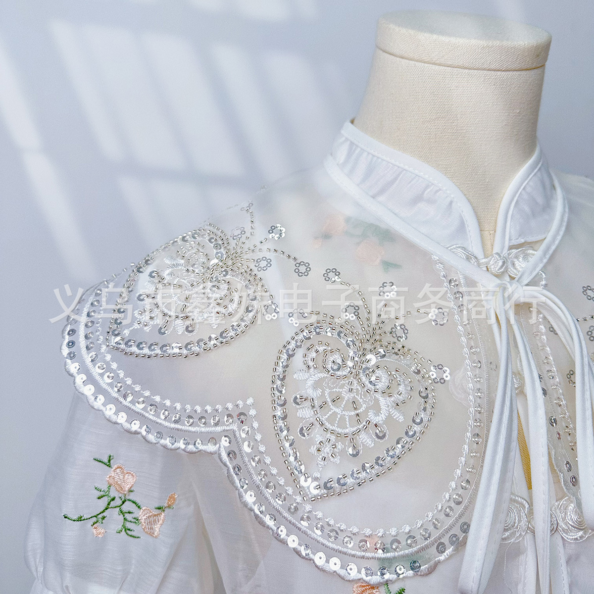 Printed sequins, embroidered transparent mesh fabric, versatile collar clothing accessories details Picture